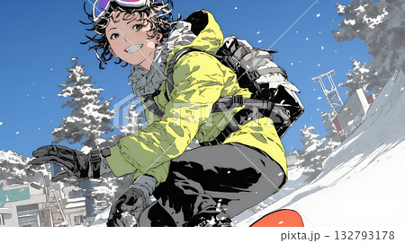 スノーボードを楽しんでいる若い女性