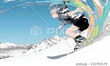 スノーボードを楽しんでいる若い女性