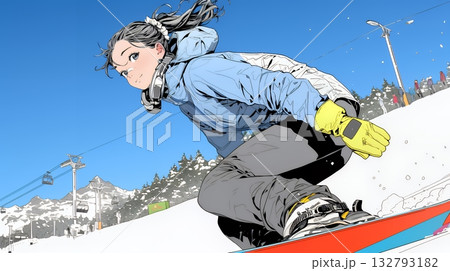 スノーボードを楽しんでいる若い女性