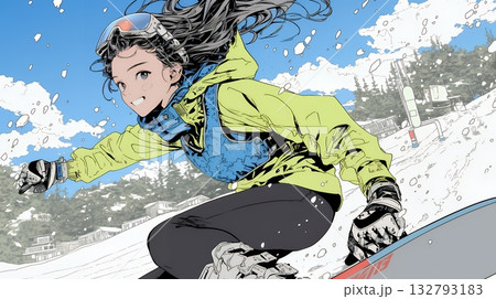 スノーボードを楽しんでいる若い女性