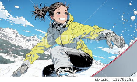 スノーボードを楽しんでいる若い女性