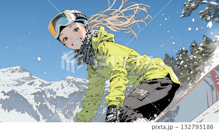 スノーボードを楽しんでいる若い女性