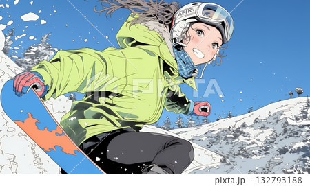 スノーボードを楽しんでいる若い女性