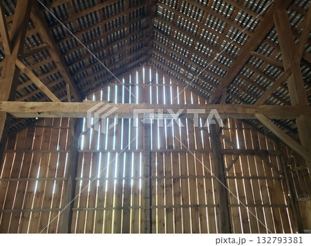 Interior of a Bank Barn with Intricate Wood Beams 132793381