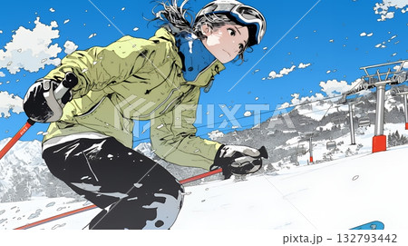 スキーを楽しんでいる若い女性