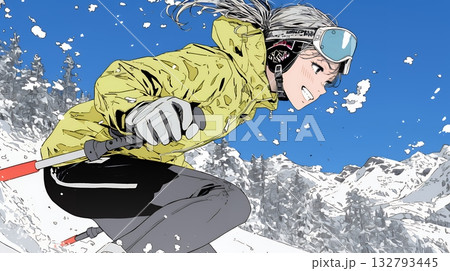 スキーを楽しんでいる若い女性