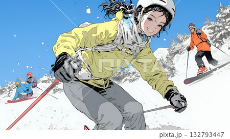 スキーを楽しんでいる若い女性