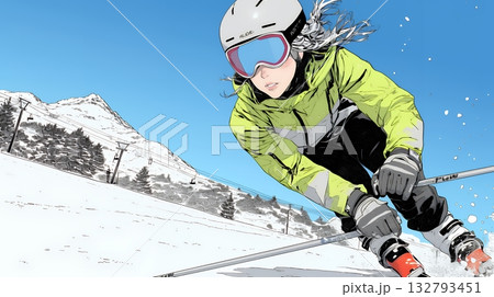 スキーを楽しんでいる若い女性