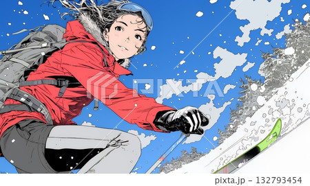 スキーを楽しんでいる若い女性