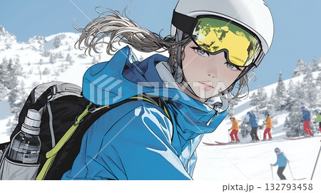 スキーを楽しんでいる若い女性