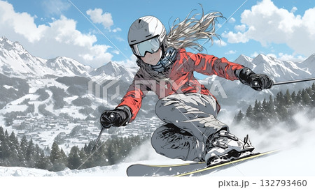 スキーを楽しんでいる若い女性