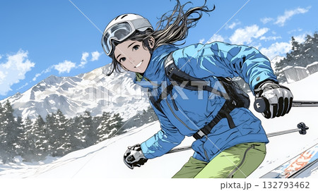 スキーを楽しんでいる若い女性