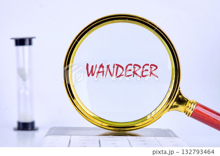 A magnifying glass hovers over the word Wanderer while an hourglass stands nearby, symbolizing the relentless passage of time during the journey of exploration 132793464