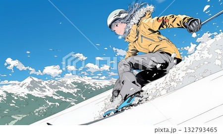 スキーを楽しんでいる若い女性