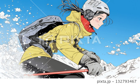 スキーを楽しんでいる若い女性