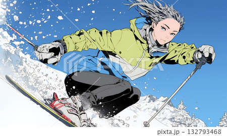 スキーを楽しんでいる若い女性