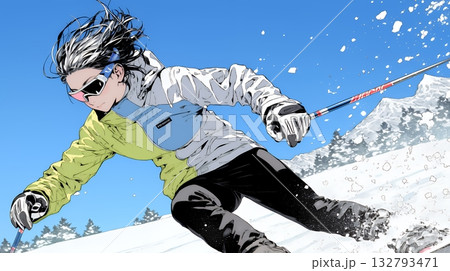 スキーを楽しんでいる若い女性