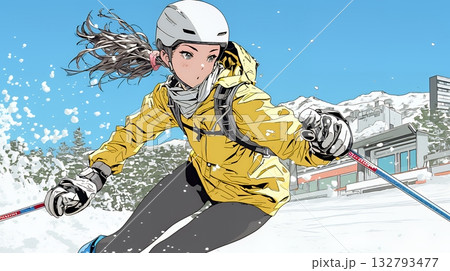 スキーを楽しんでいる若い女性