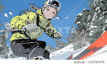 スキーを楽しんでいる若い女性