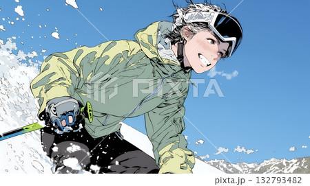 スキーを楽しんでいる若い女性