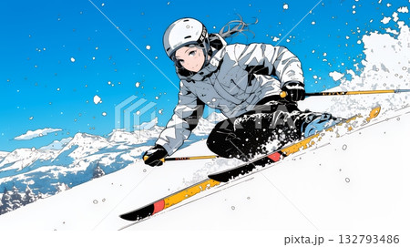 スキーを楽しんでいる若い女性