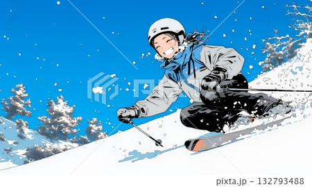 スキーを楽しんでいる若い女性