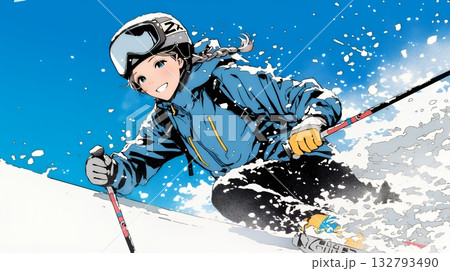 スキーを楽しんでいる若い女性