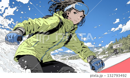 スキーを楽しんでいる若い女性