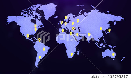 Digital world map with glowing location markers on a dark modern background. Bright neon accents create a clean tech atmosphere with global connectivity and data-driven visual style. 132793817