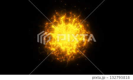 Golden energy plasma with a glowing core and swirling particles on a dark background. Fiery abstract texture with vivid radiance and a cosmic feel. 132793818