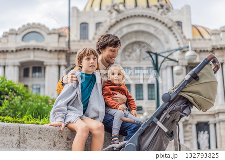Father tourist with his two sons in front of Palacio de Bellas Artes in Mexico City, enjoying family vacation, cultural exploration, and architecture. Family travel and bonding concept 132793825