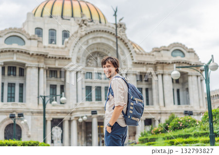 Male tourist standing in front of Palacio de Bellas Artes in Mexico City, highlighting travel, architecture, and cultural heritage. Urban tourism and exploration concept Male tourist standing in front of Palacio de Bellas Artes in Mexico City, highlighting travel, architecture, and cultural heritage. Urban tourism and exploration concept 132793827