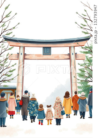 初詣で鳥居に向かう人々 年賀状やお正月に最適な水彩イラスト 132793947