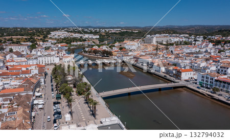 Aerial, Tavira, Portugal Scenic Tavira views, Beautiful river landscapes in Tavira, Breathtaking riverside scenery around Tavira town, Picturesque river vistas 132794032