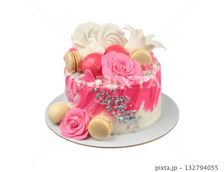 Beautiful wedding dessert, Elegant pink sweet centerpiece, Soft pastel cake with decorative embellishments, Charming bridal event cake featuring delicate decorations 132794055