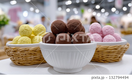 Colorful assortment of traditional sweets displayed in a market setting Colorful assortment of traditional sweets displayed in a market setting 132794494
