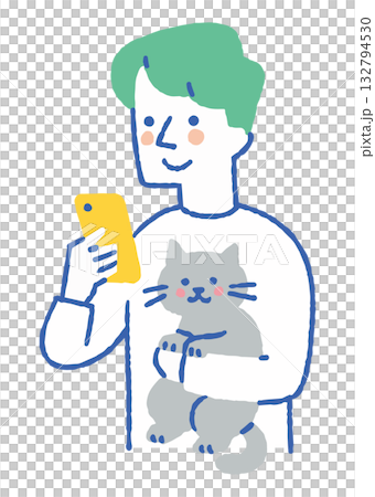 猫を抱いてスマホを見る男性_色 132794530