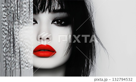 Bold beauty with red lips and dark hair peeking from behind curtain 132794532
