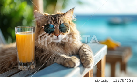 Cat relaxing on a wooden deck with drink, enjoying a sunny beach day 132794558