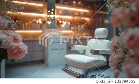 Stylish and modern salon interior with floral decorations and a barber chair Stylish and modern salon interior with floral decorations and a barber chair 132794559