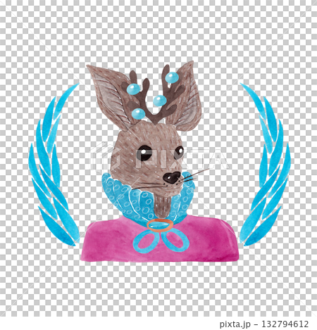 Portrait of a deer in a fuchsia shirt with a lush frill. Christmas watercolor illustration. The animal in elegant clothing for children's product design Portrait of a deer in a fuchsia shirt with a lush frill. Christmas watercolor illustration. The animal in elegant clothing for children's product design 132794612