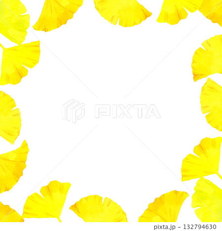 黄葉したイチョウの葉のフレーム　秋の植物の手描き水彩イラスト背景素材 132794630