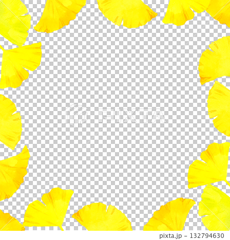 黄葉したイチョウの葉のフレーム　秋の植物の手描き水彩イラスト背景素材 132794630