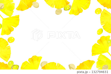 黄葉したイチョウの葉とギンナンの実のフレーム　秋の植物の手描き水彩イラスト背景素材 132794631