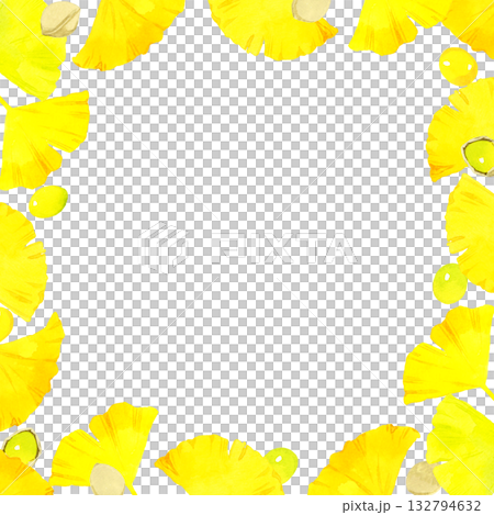 銀杏黃葉和銀杏果構成邊框。手繪水彩插畫背景，描繪了秋季植物。 132794632