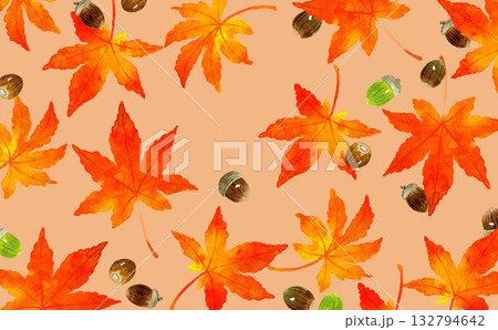 紅葉したもみじの葉とどんぐりの背景　秋の植物の手描き水彩イラスト素材 132794642