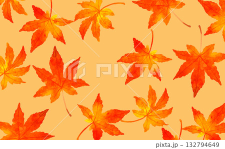 紅葉したもみじの葉の背景　秋の植物の手描き水彩イラスト素材 132794649