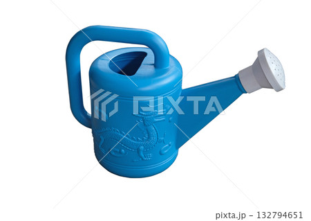 blue and white plastic watering can 132794651