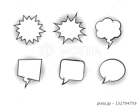 Retro empty comic bubbles and elements set with black halftone shadows stock illustration 132794759