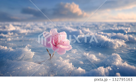 雪原に咲くピンク色の一輪の花のイメージ風景 132795163